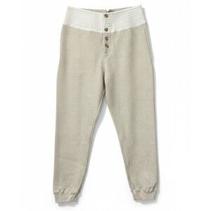 Bassike Beige Waffle Knit Jogger Pants Button Up Cotton Lace-Up Tie Back Size M